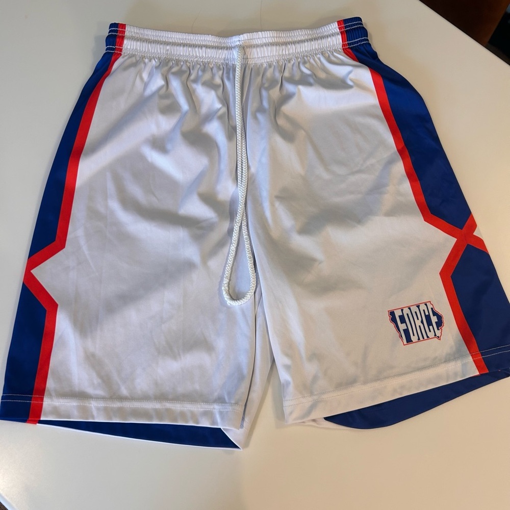 Force1 iowa White Athletic Shorts with Blue & orange. Reversible to blue shorts